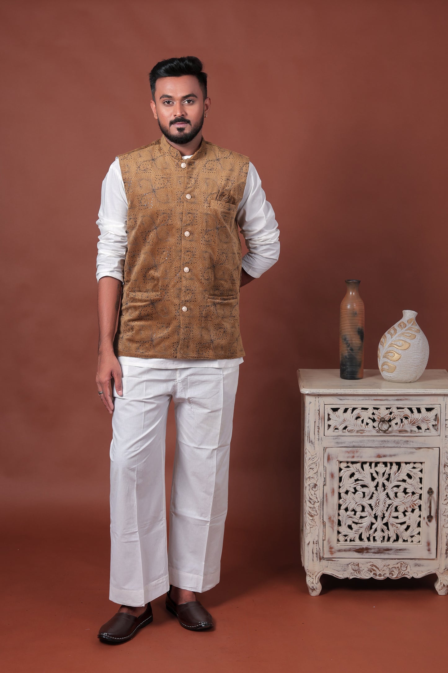 Brown Embroidered Velvet Waistcoat