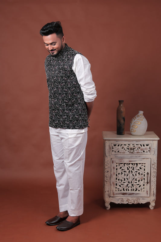 Black Embroidered Velvet Waistcoat