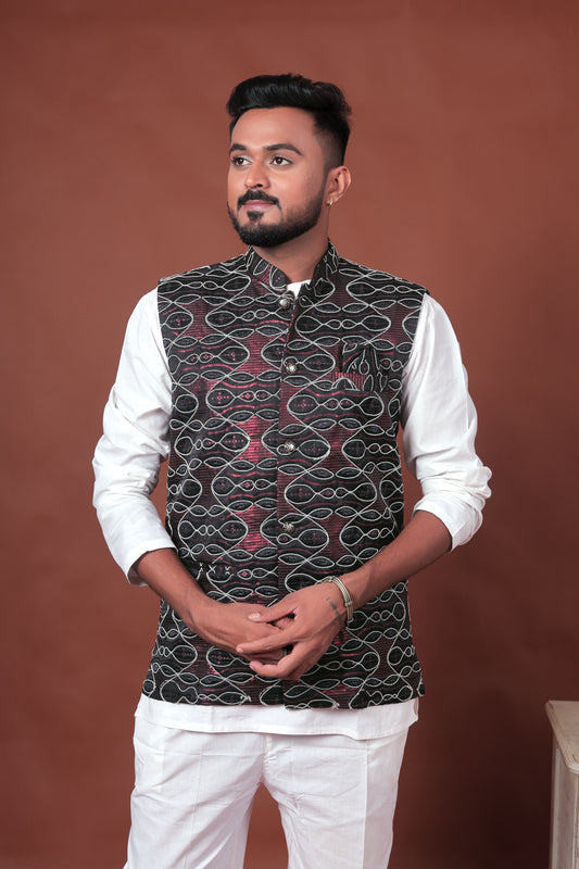 Black Embroidered Velvet Nehru Jacket