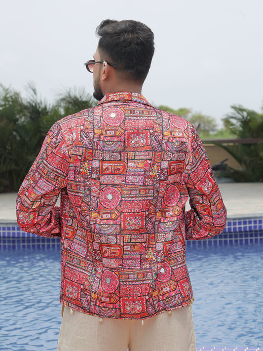 Red Mirror Work Printed Ethnic Jacket