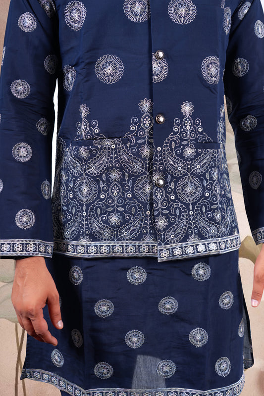 Navy Embroidered Kurta Set with Jacket – Paisley Wedding Edition