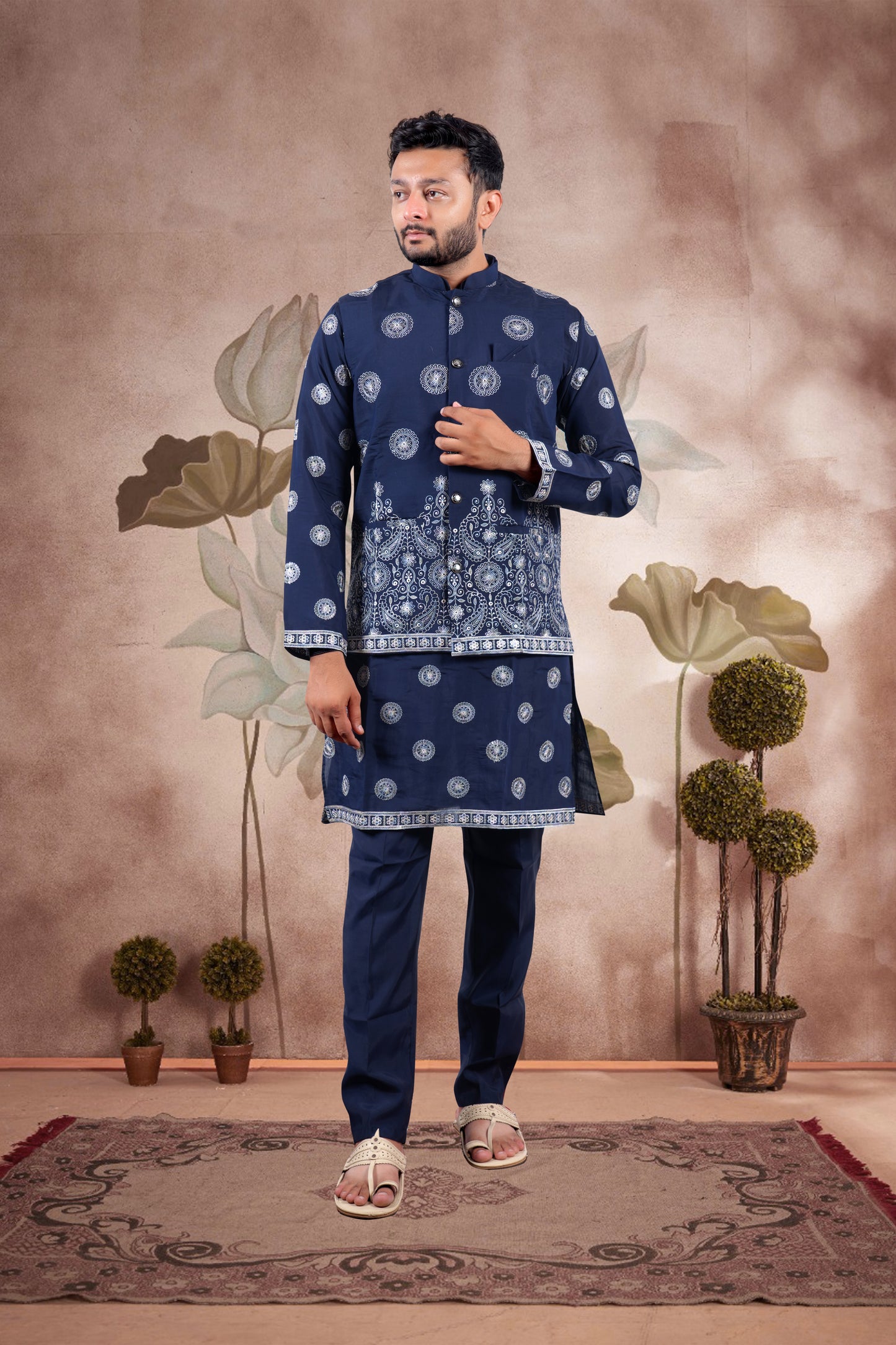Navy Embroidered Kurta Set with Jacket – Paisley Wedding Edition