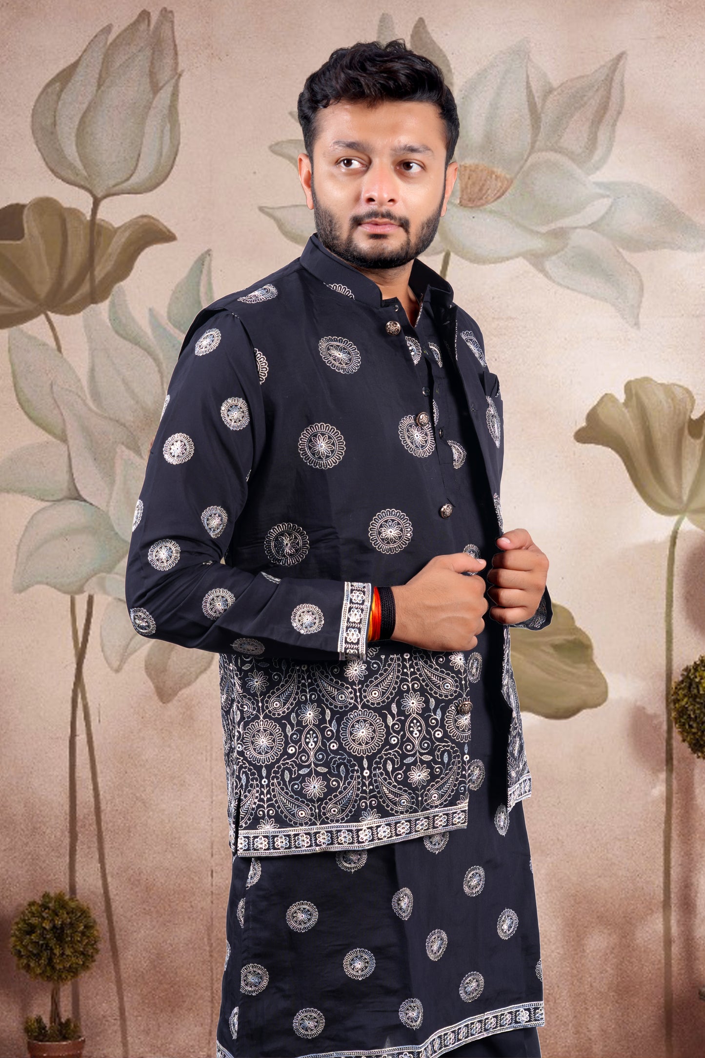 Black Embroidered Kurta Set with Jacket