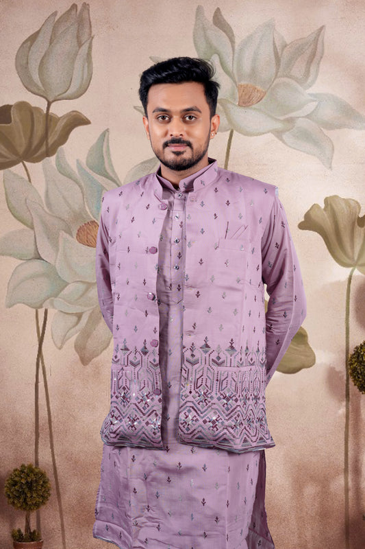 Lavender Embroidered Kurta Set with Jacket