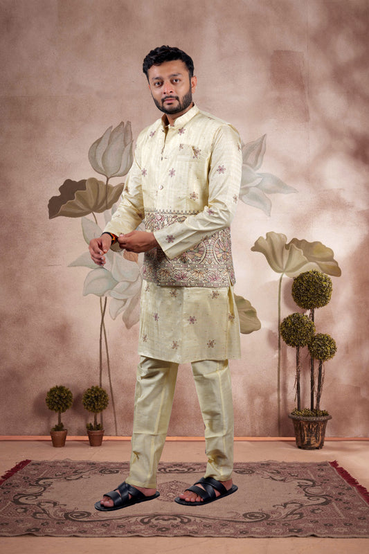 Yellow Embroidered Kurta Set with Jacket