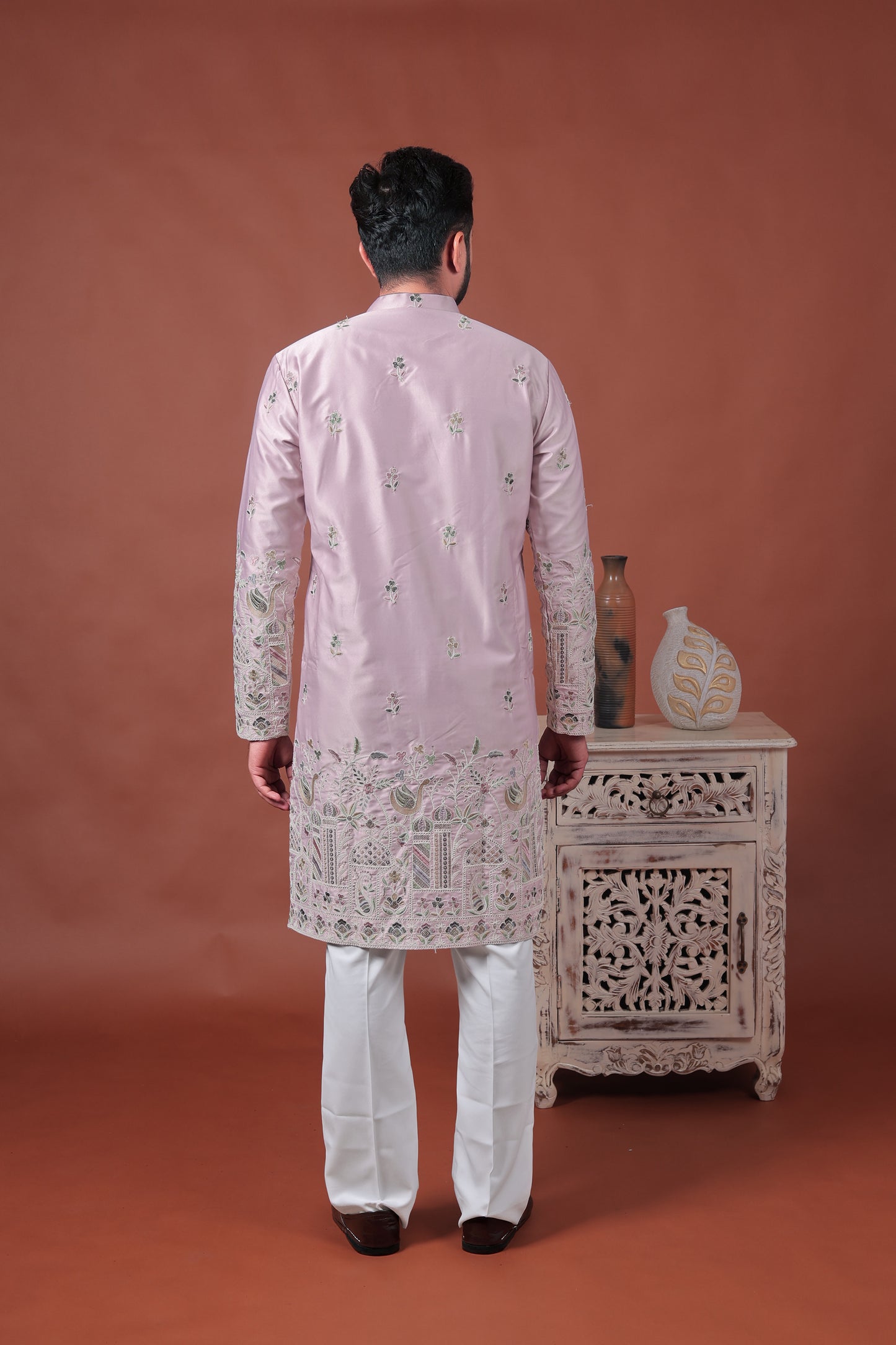 Pink Satin Kurta with Multicolor Embroidery