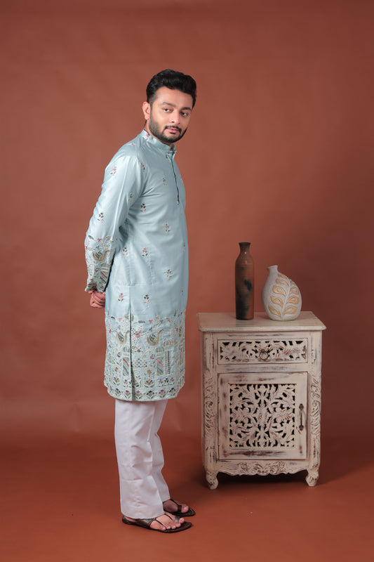 Blue Satin Kurta with Mughal-Inspired Embroidery