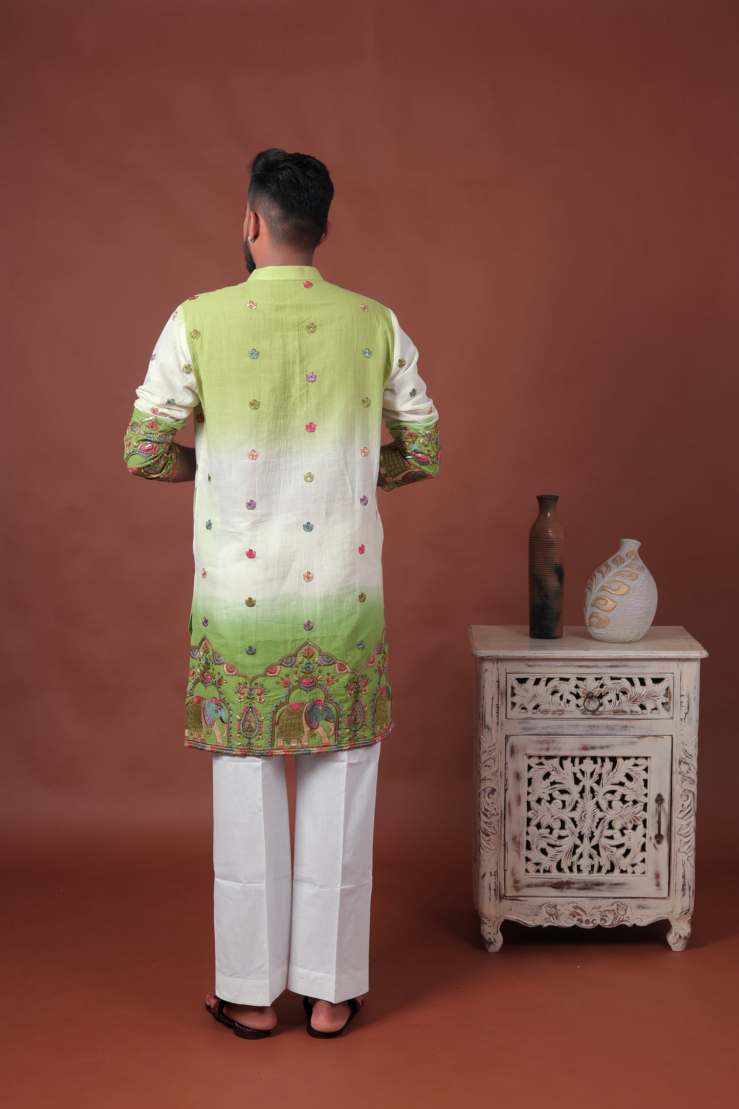 Green Ombre Kurta with Elephant & Floral Embroidery
