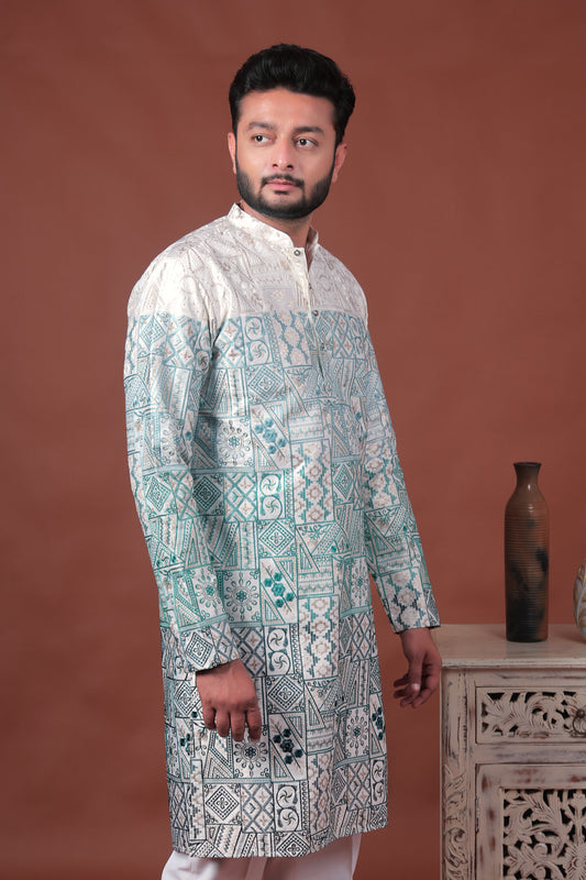 Green Patchwork-Inspired Art Silk Kurta