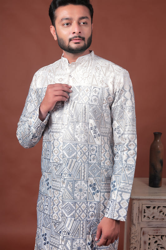 White Patchwork-Inspired Art Silk Kurta