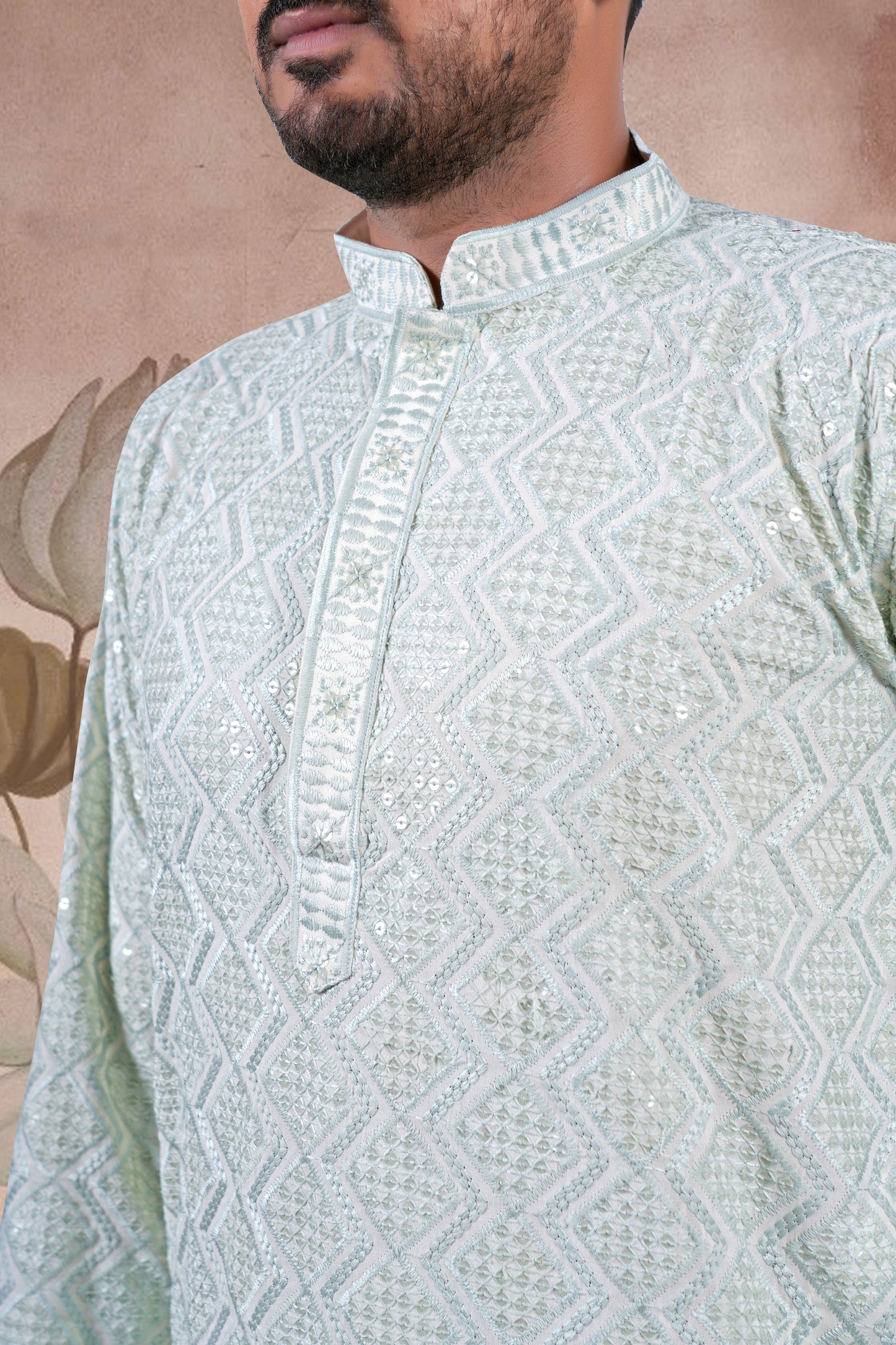 Pista Green Lucknowi Jacquard Kurta