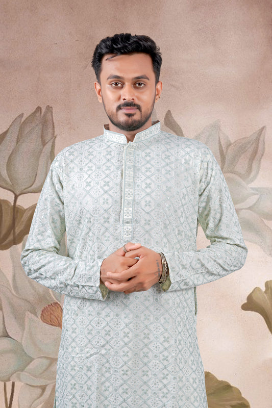 Pista Green Lucknowi Jacquard Kurta