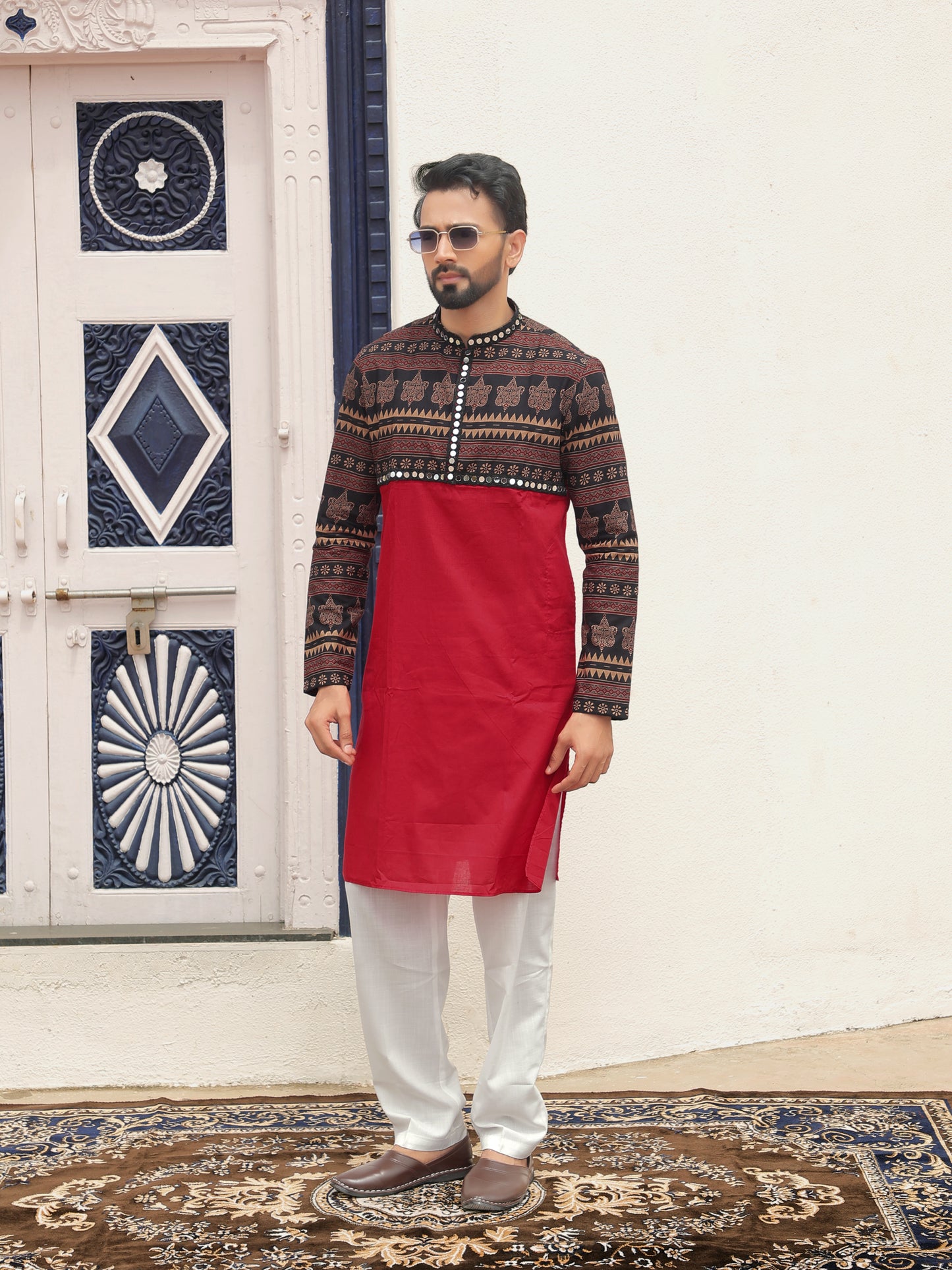 Red Ethnic Printed Kurta with Tribal-Inspired Yoke
