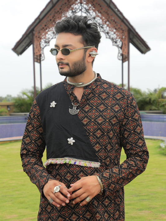 Black Ethnic Printed Kurta with Asymmetric Coti-Style Panel
