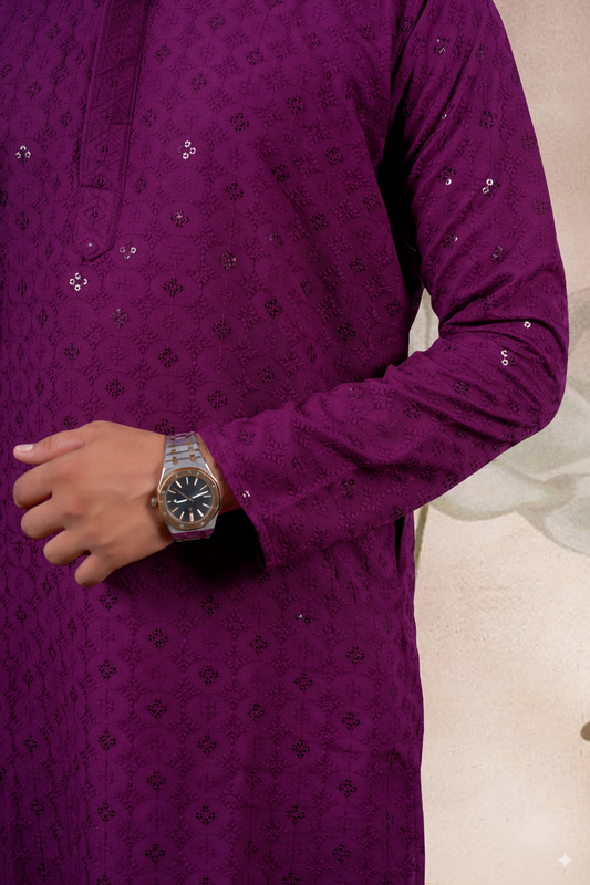 Wine Embroidered Cotton Kurta