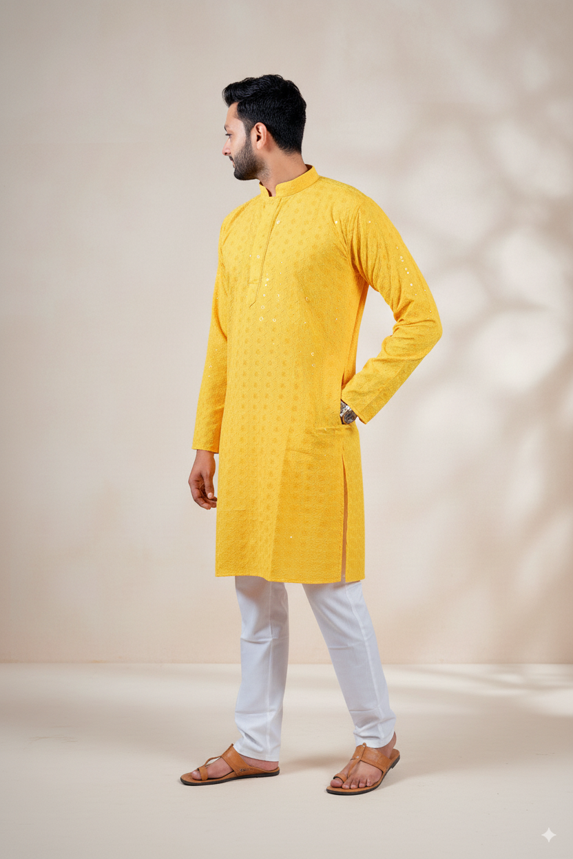 Yellow Embroidered Cotton Kurta