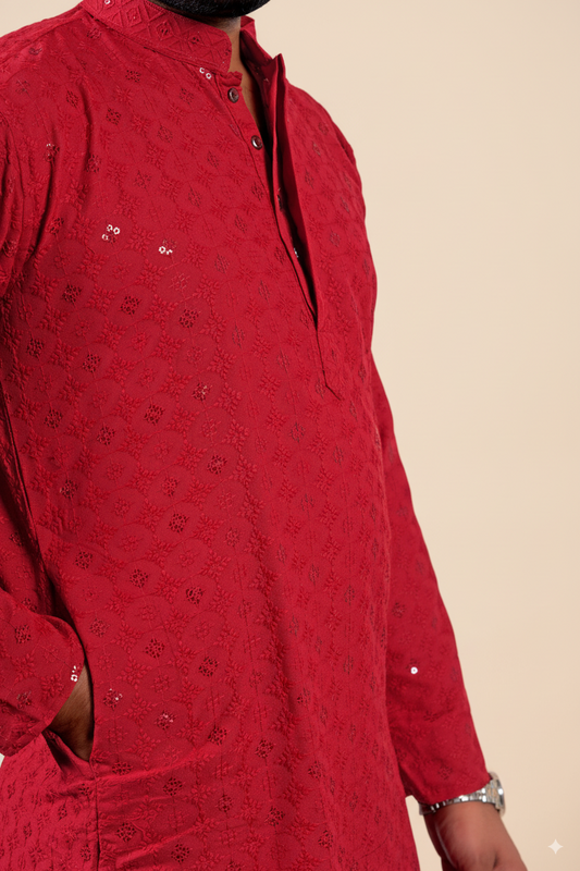 Red Embroidered Cotton Kurta