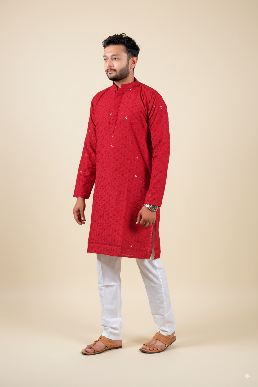 Red Embroidered Cotton Kurta
