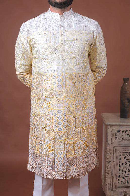 Yellow Patchwork-Inspired Art Silk Kurta
