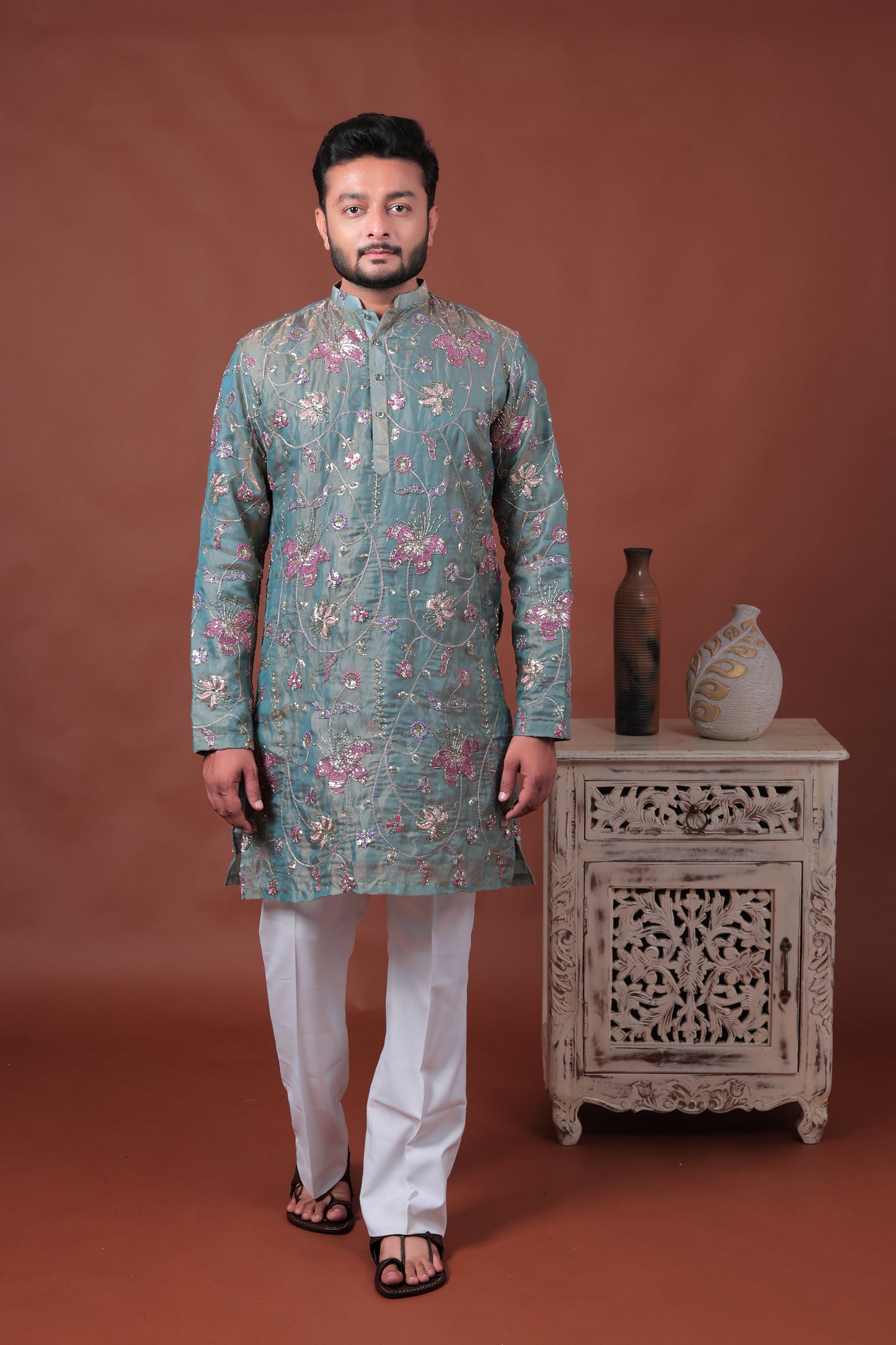 Green Floral Embroidered Art Silk Kurta