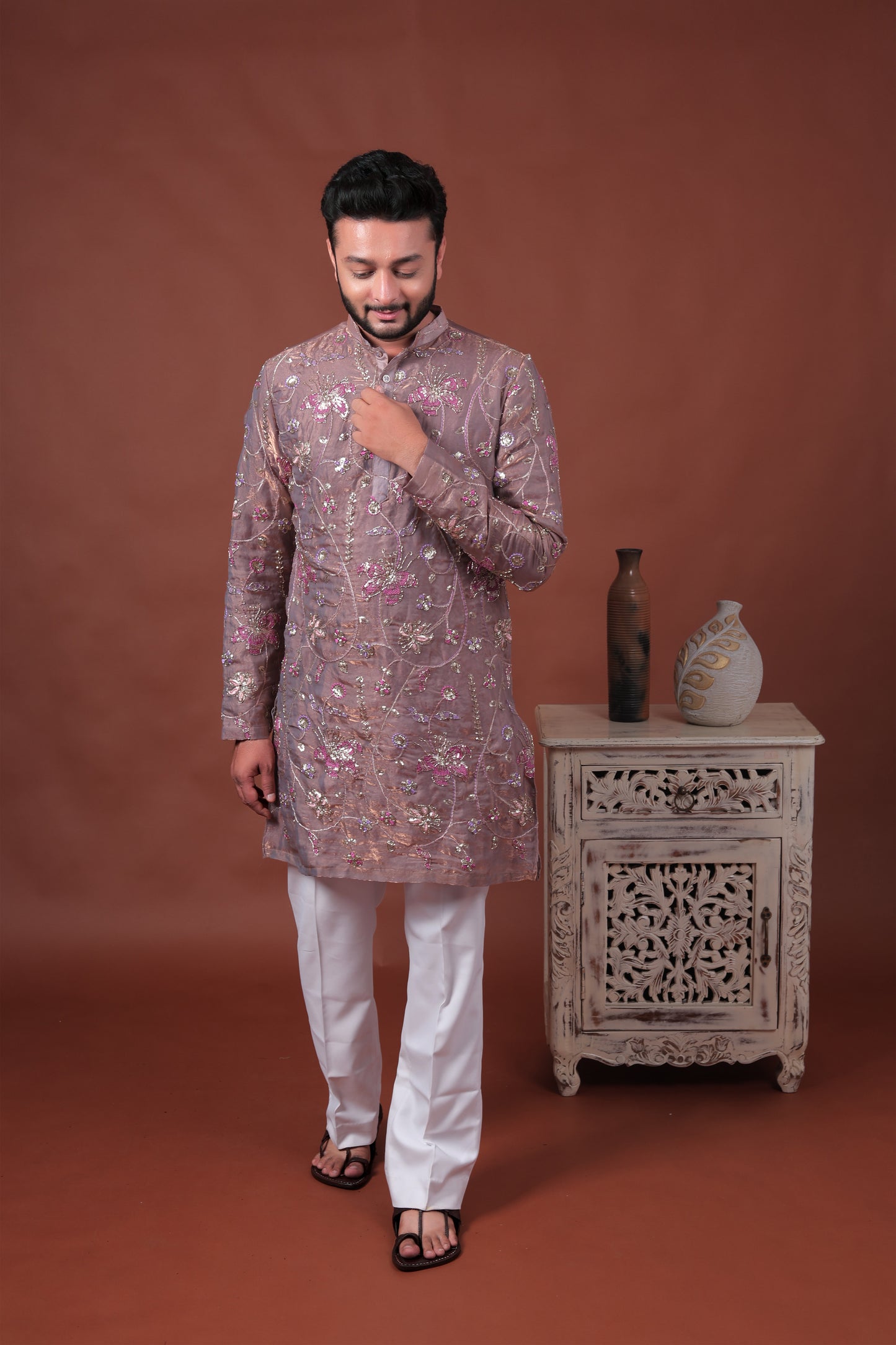 Pink Floral Embroidered Art Silk Kurta