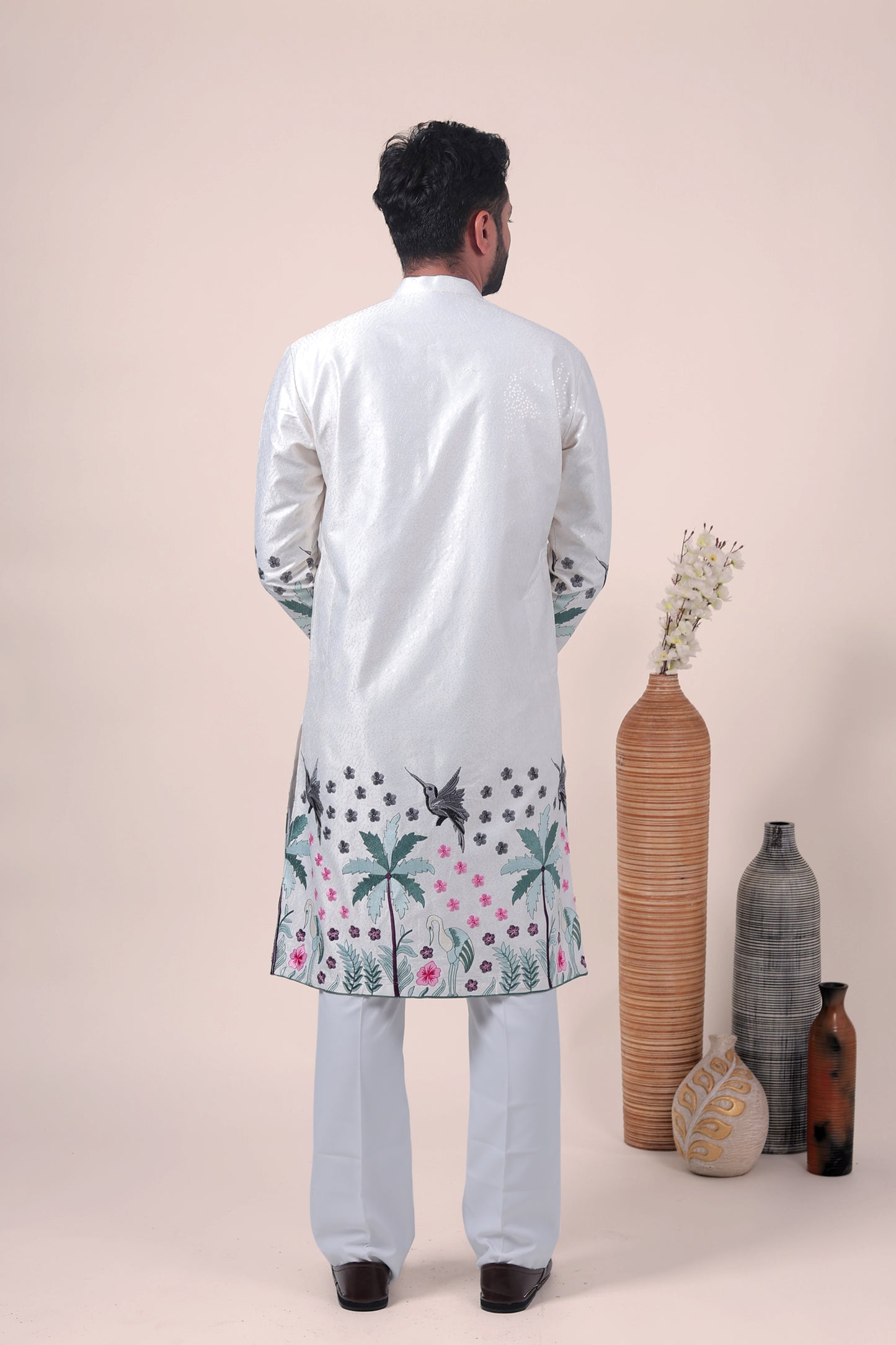 White Tropical Embroidered Art Silk Kurta