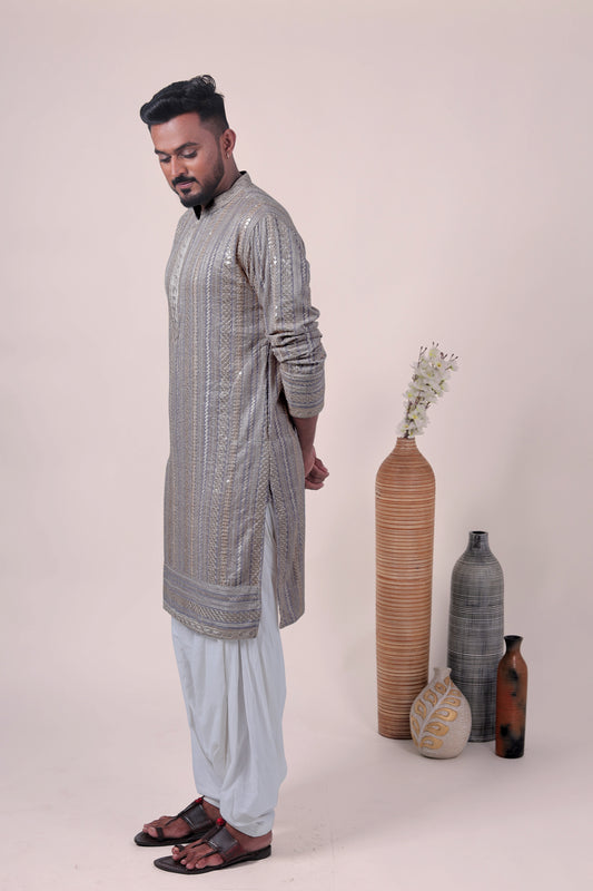 Gray Zari Embroidered Rayon Kurta