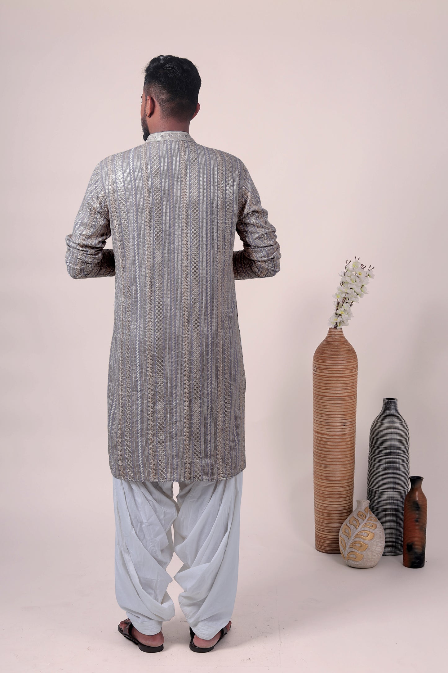 Gray Zari Embroidered Rayon Kurta
