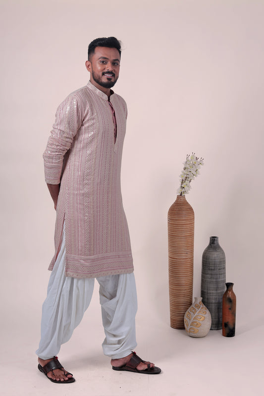 Peach Zari Embroidered Rayon Kurta