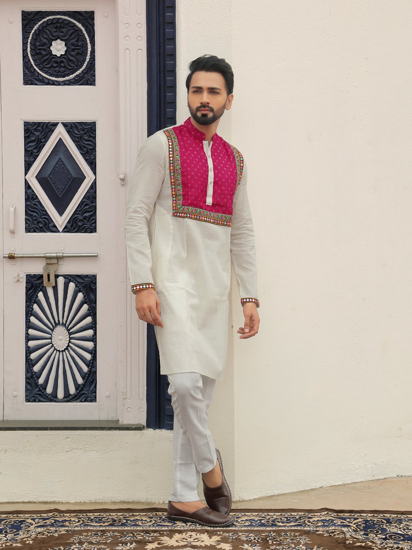 White Kurta with Magenta Embroidered Yoke