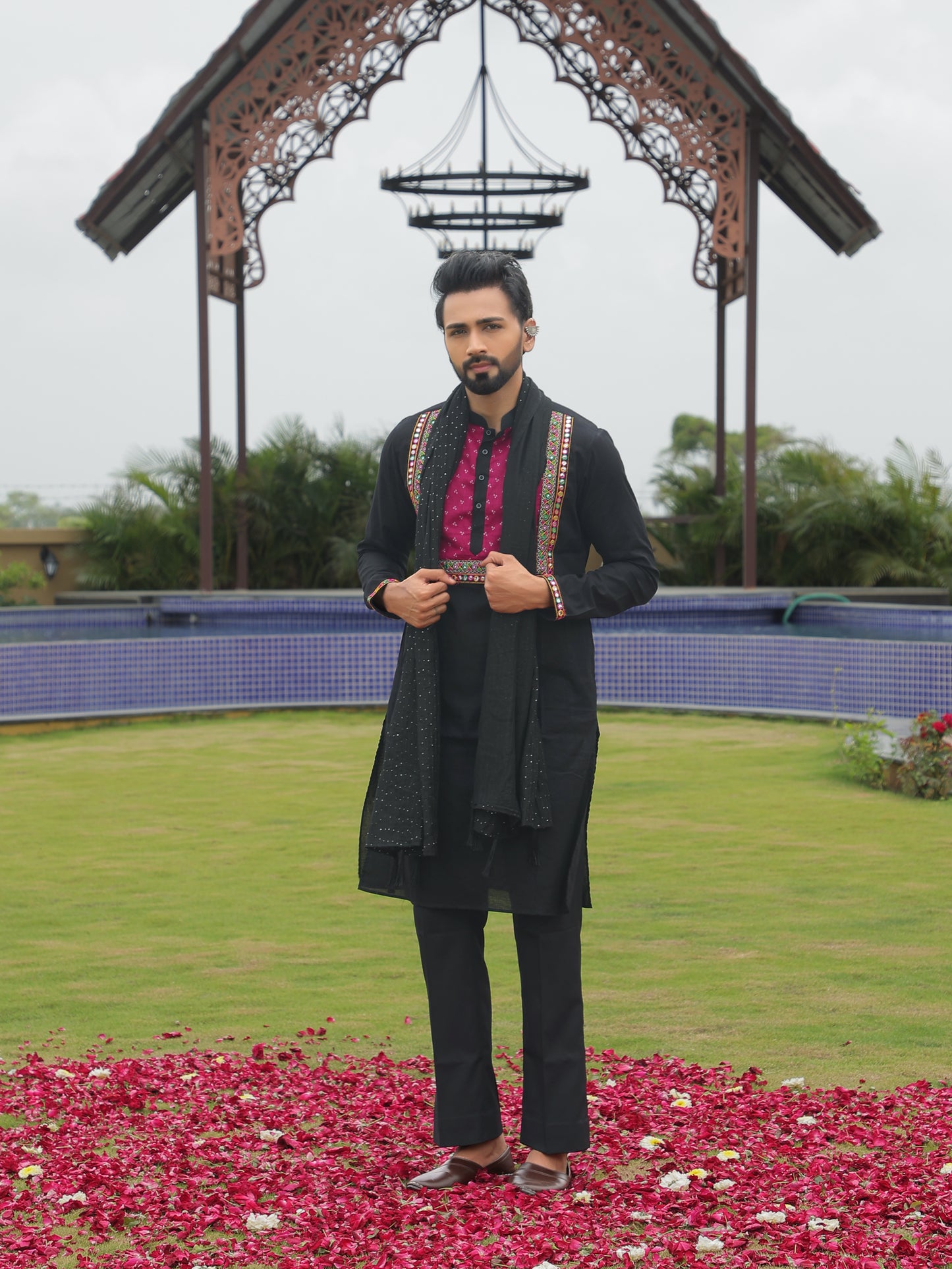 Black Kurta with Magenta Embroidered Yoke