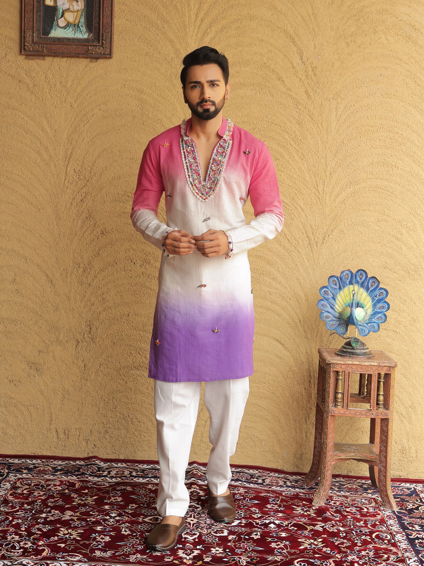 Pink Ombre Embroidered Kurta with Sequin Detailing