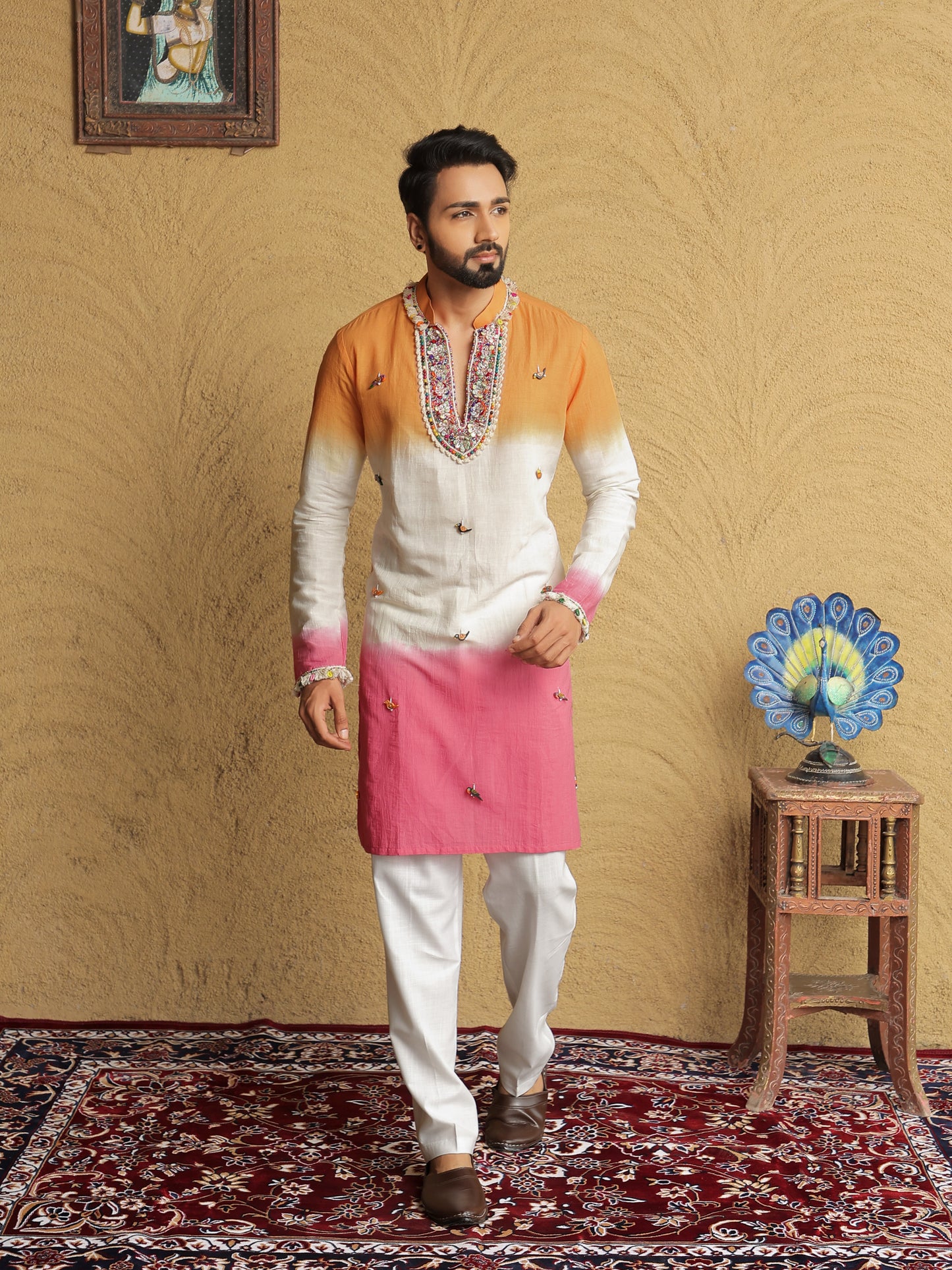 Orange Ombre Embroidered Kurta with Sequin Detailing