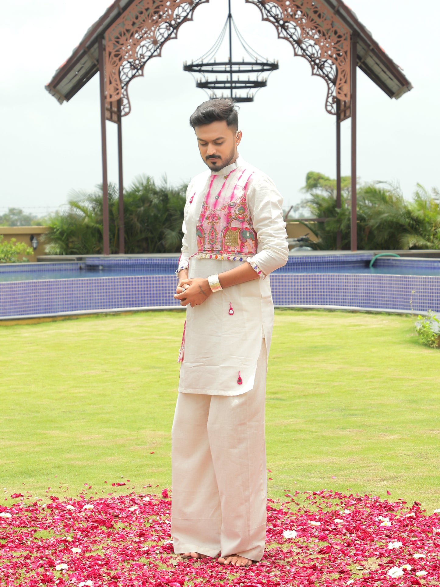 White Bandhani-Inspired Kurta with Embroidered Panel