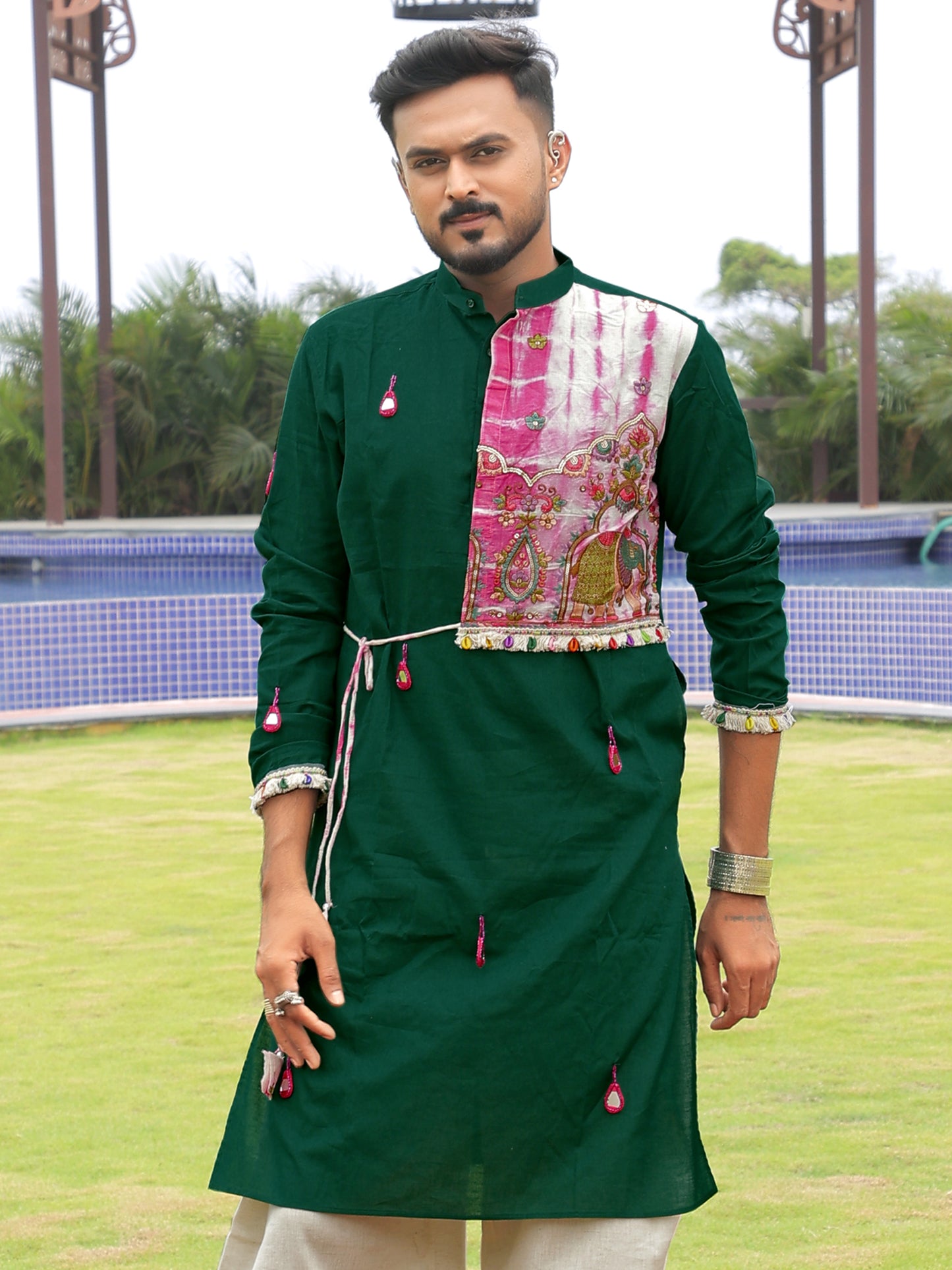 Green Bandhani-Inspired Kurta with Embroidered Panel