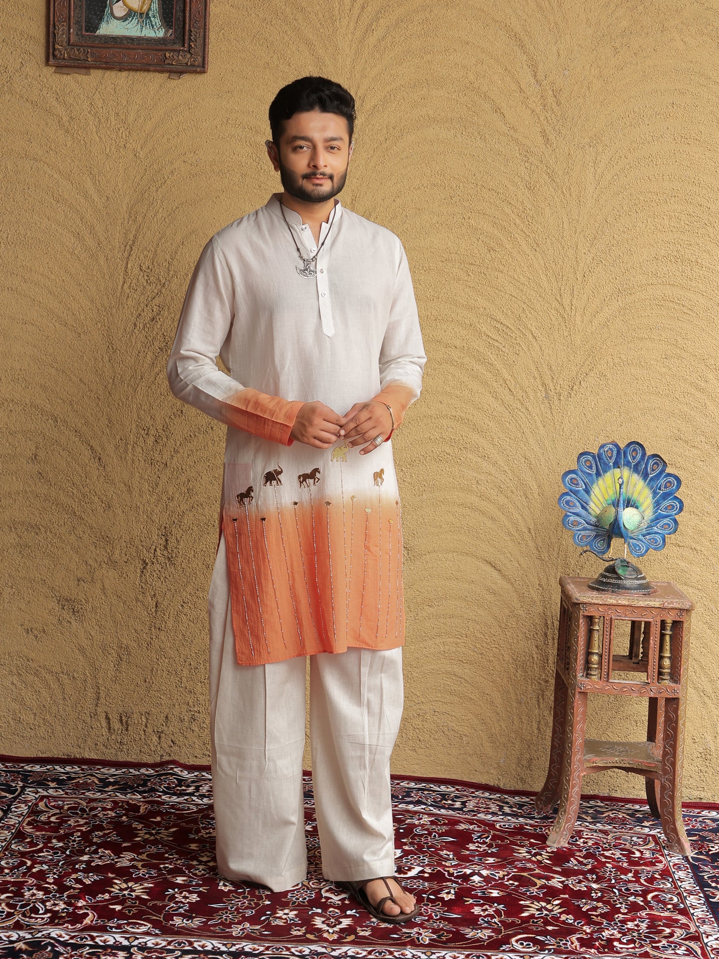 Orange Ombre Ethnic Motif Printed Kurta