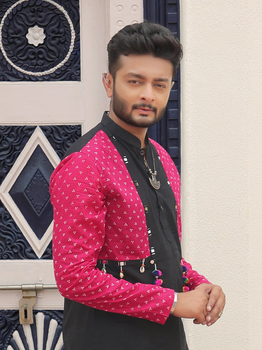 Pink Printed Jacket Kurta with Tassel Detailing