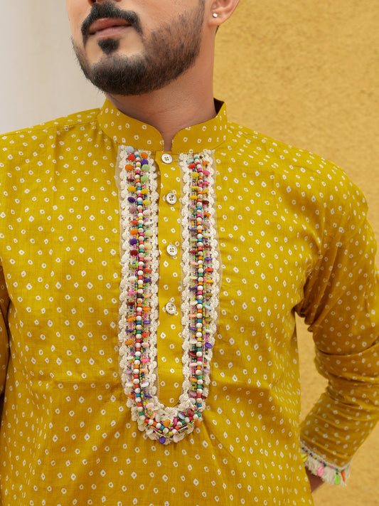 Yellow Embroidered All-over Printed Kurta