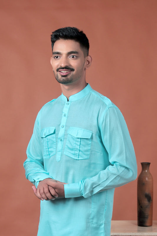 Sky Blue Long Kurta with Flap Pockets & Epaulettes