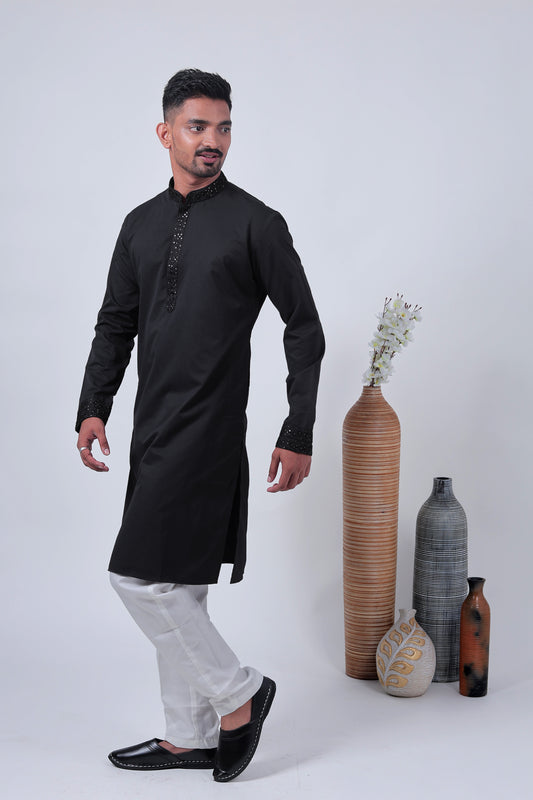 Black Self-Textured Cotton Silk Long Kurta with Embroidered Details