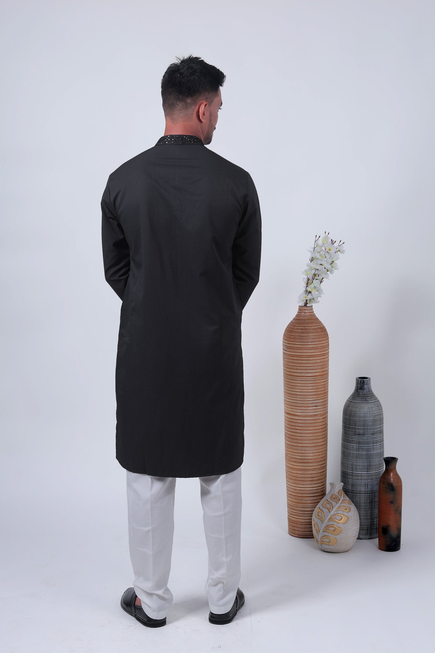 Black Self-Textured Cotton Silk Long Kurta with Embroidered Details
