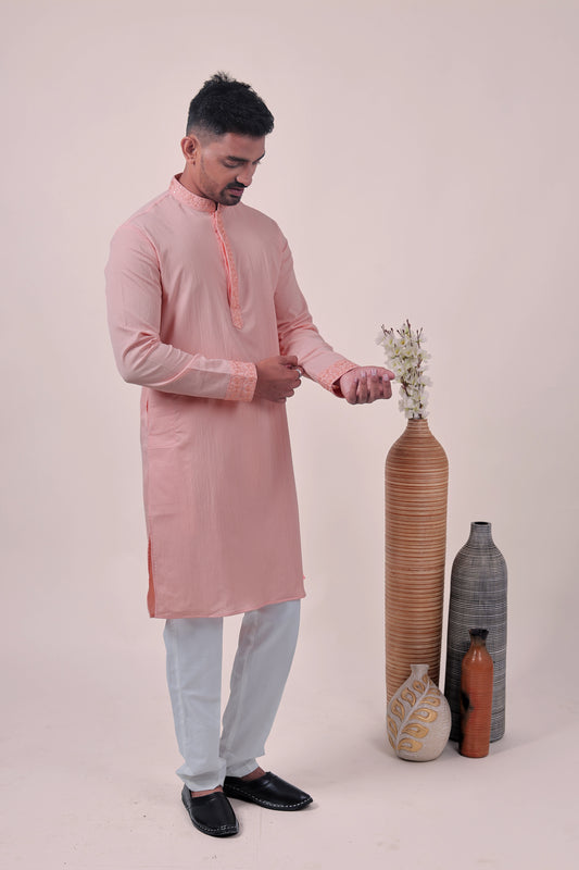 Peach Self-Textured Cotton Silk Long Kurta with Embroidered Detailing