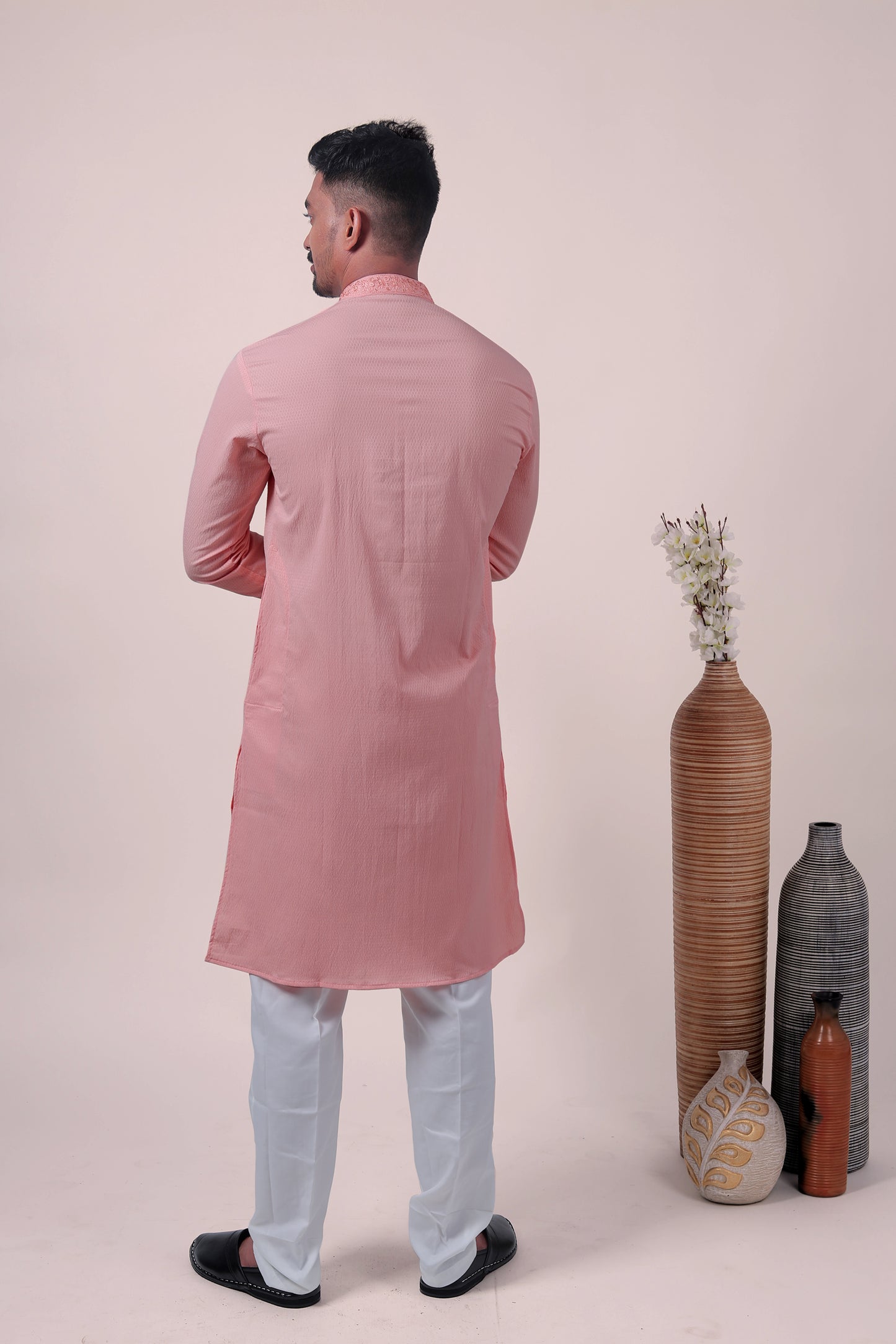 Peach Self-Textured Cotton Silk Long Kurta with Embroidered Detailing