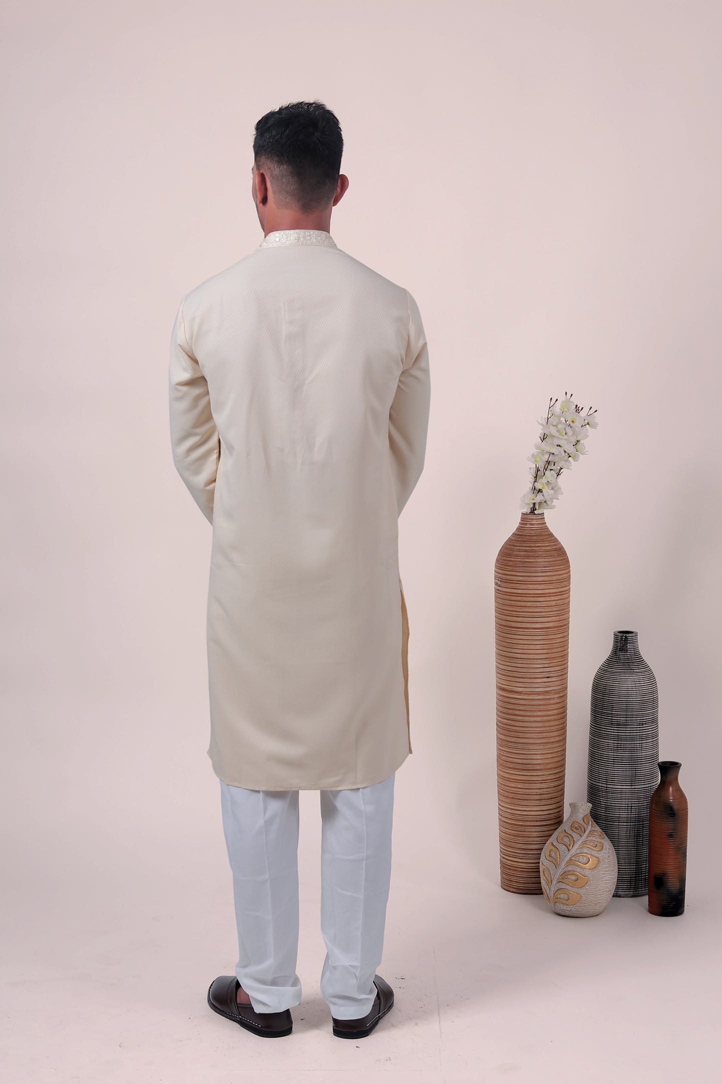 Cream Self-Textured Cotton Silk Long Kurta with Embroidered Detailing