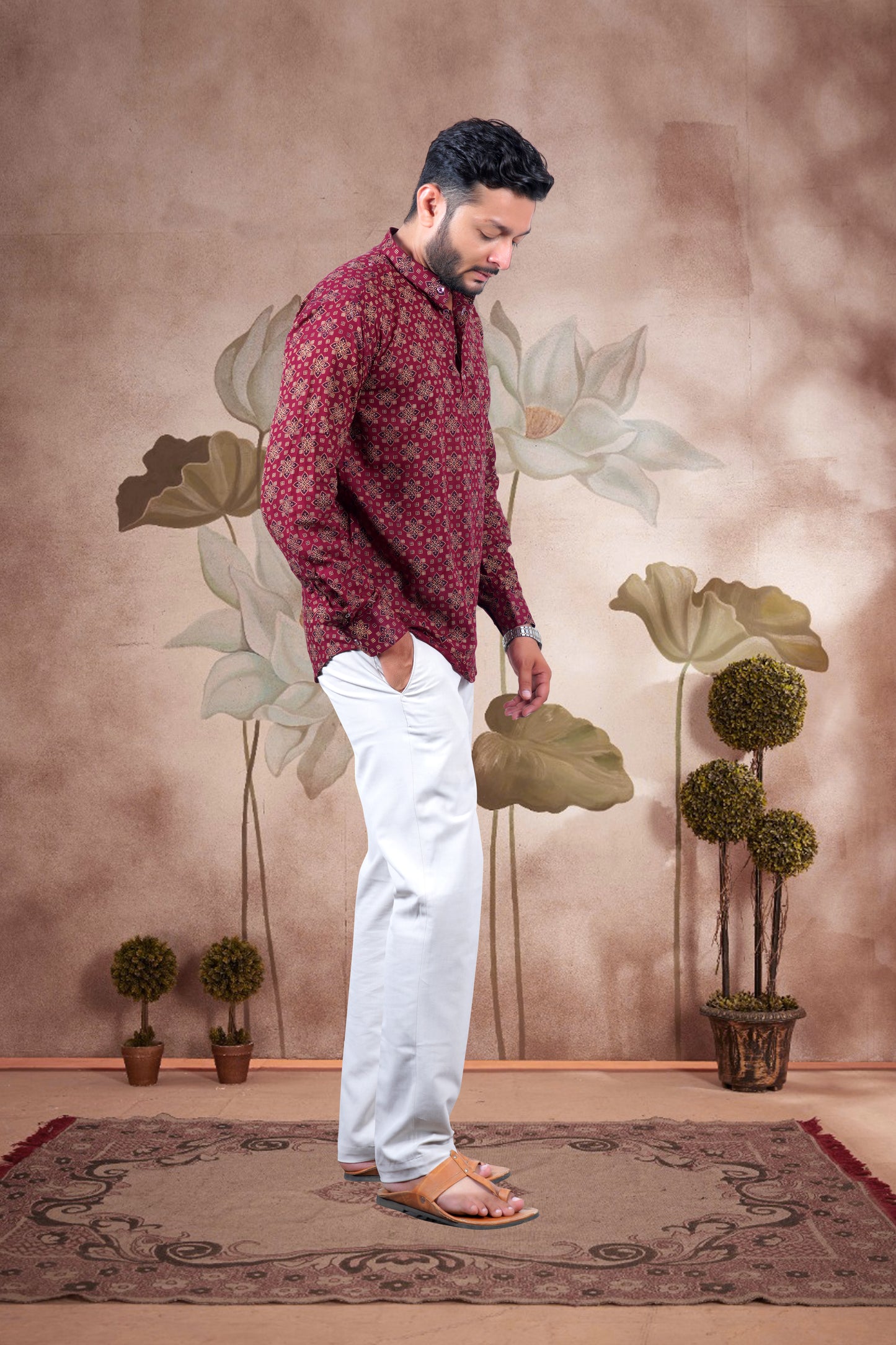 Maroon Ajrakh Digital Print Cotton Short Kurta