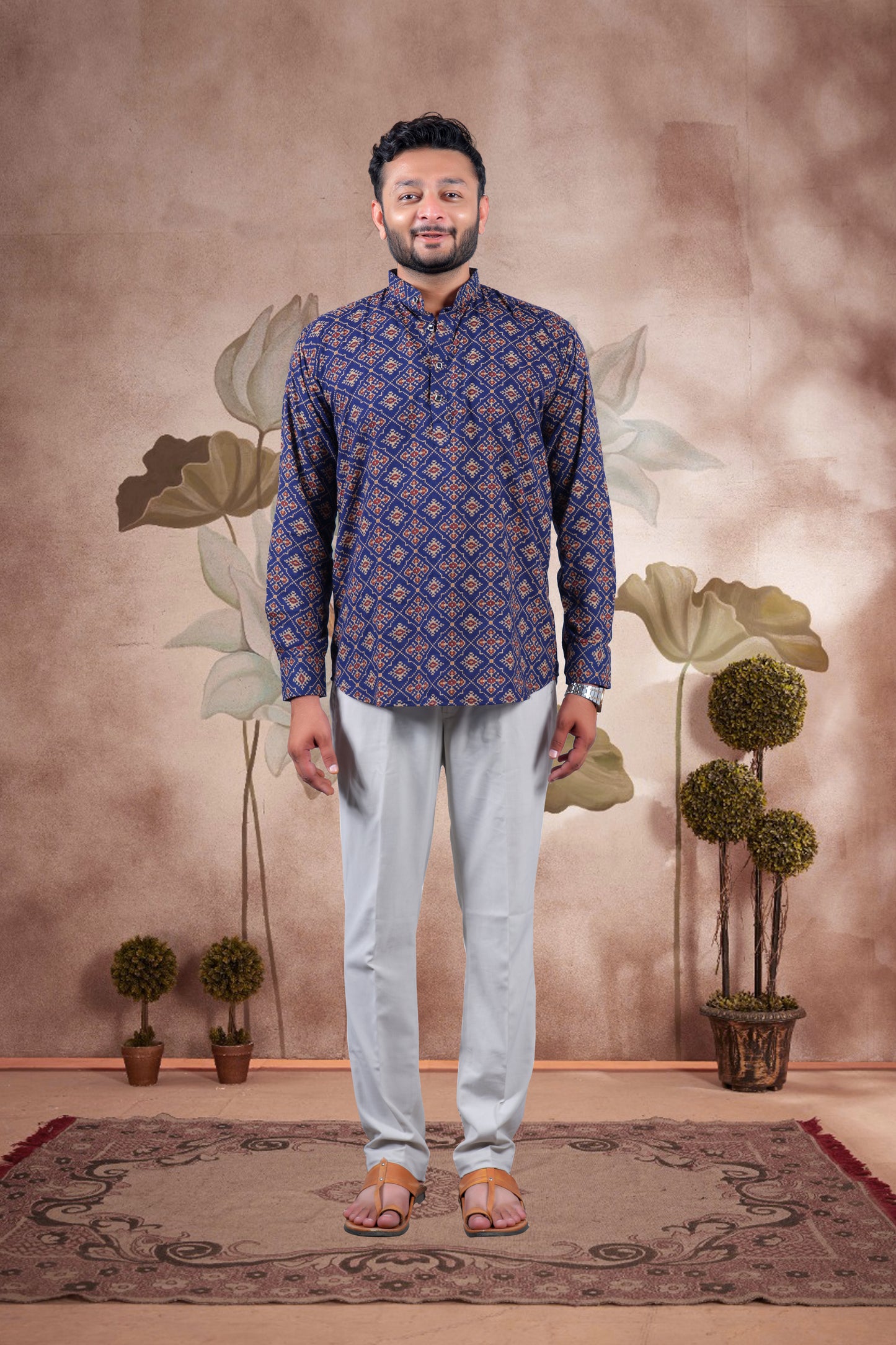 Navy Ajrakh Digital Print Cotton Short Kurta