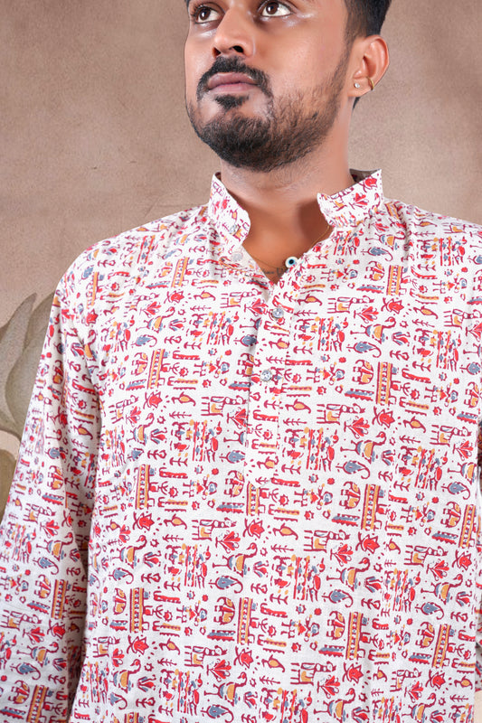 Cream Animal Skin Print Cotton Short Kurta