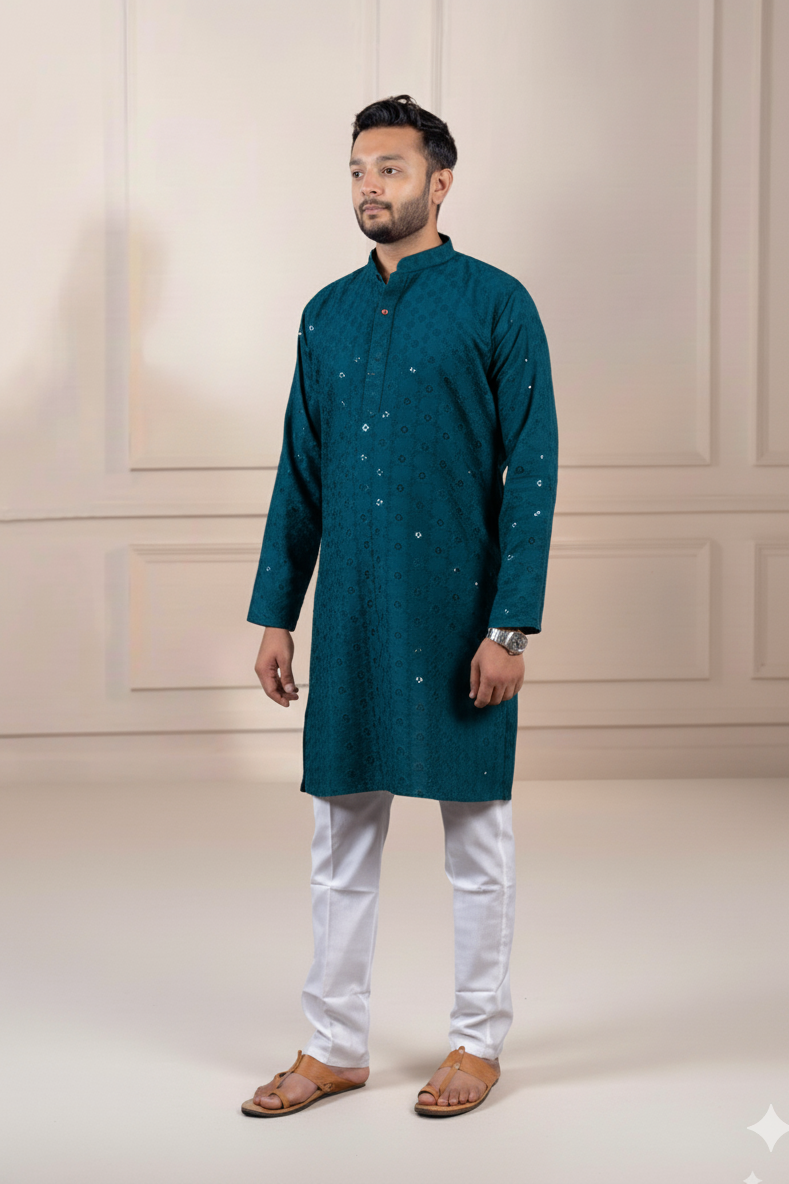 Petrol Blue Embroidered Cotton Kurta