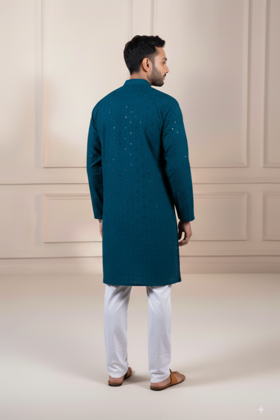 Petrol Blue Embroidered Cotton Kurta