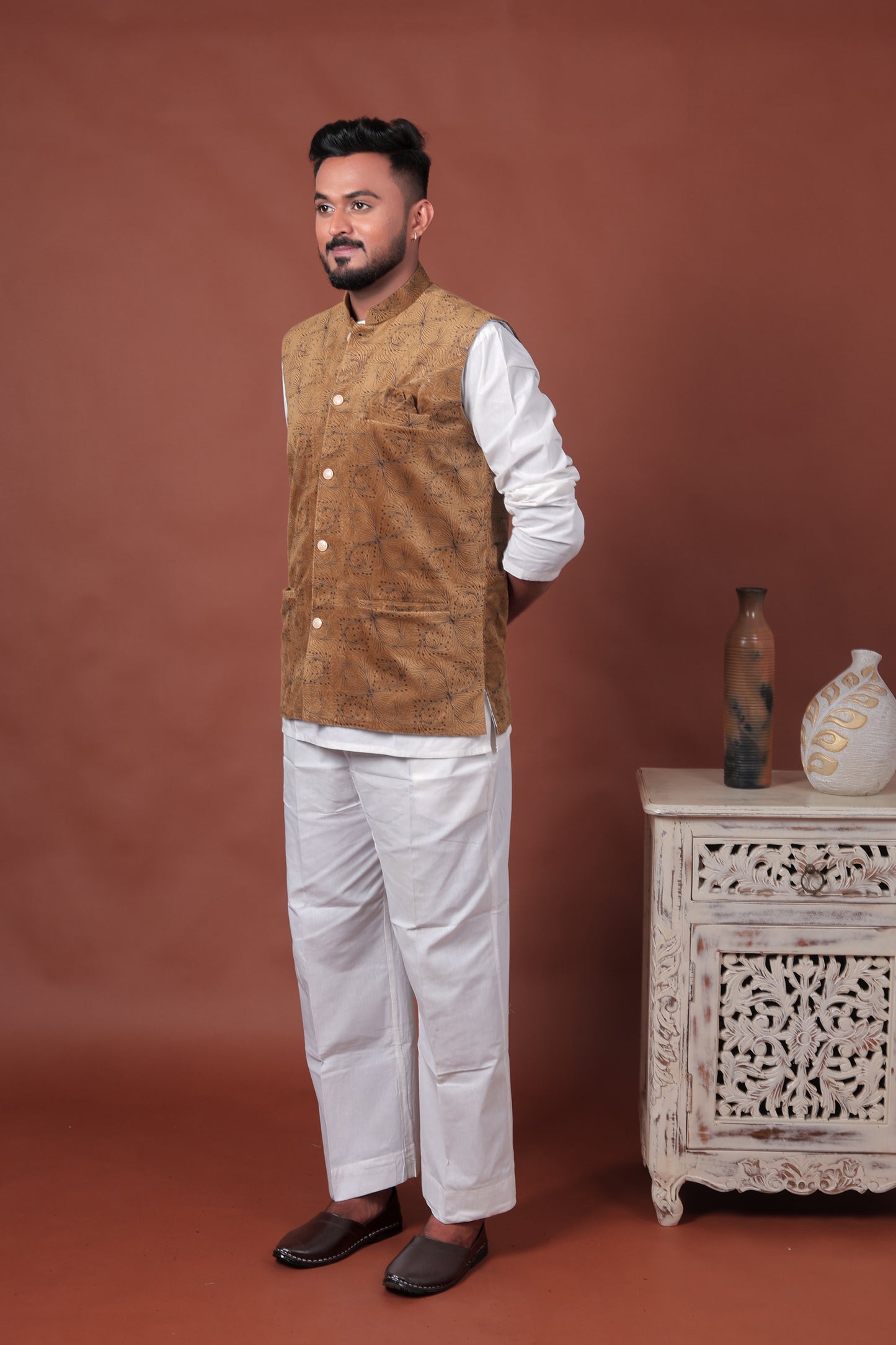 Brown Embroidered Velvet Waistcoat